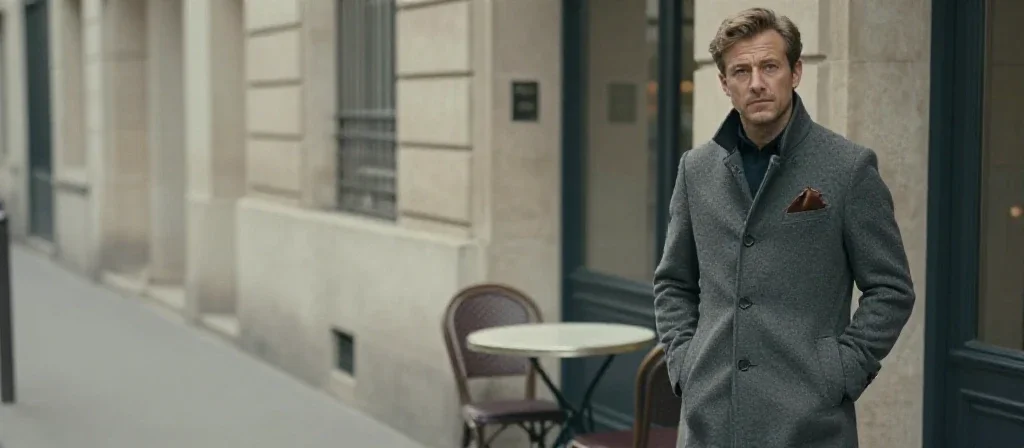Un homme français élégant portant un manteau bleu canard pour la mode masculine.