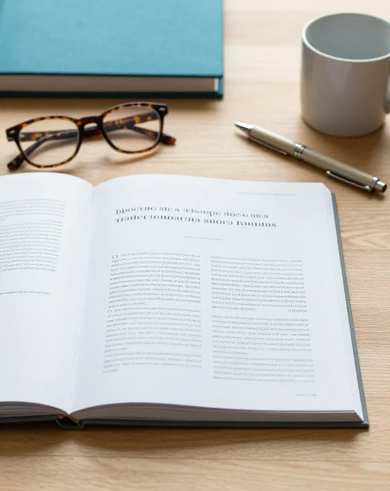 Un rapport imprimé ouvert sur un bureau en chêne illustrant la diversité des sujets traités.